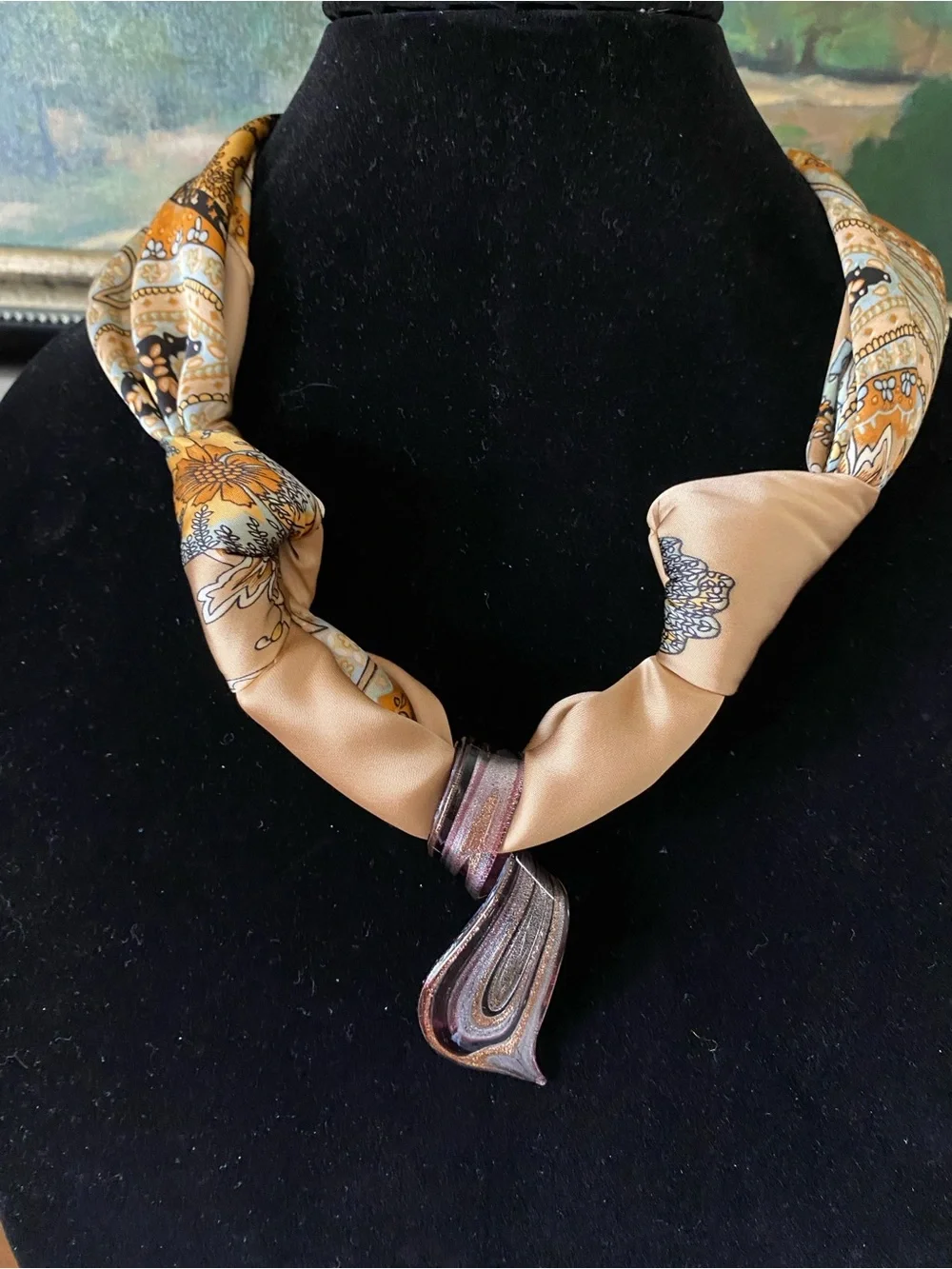 Repurposed glass pendant on new scarf! Tie to any length behind your neck.